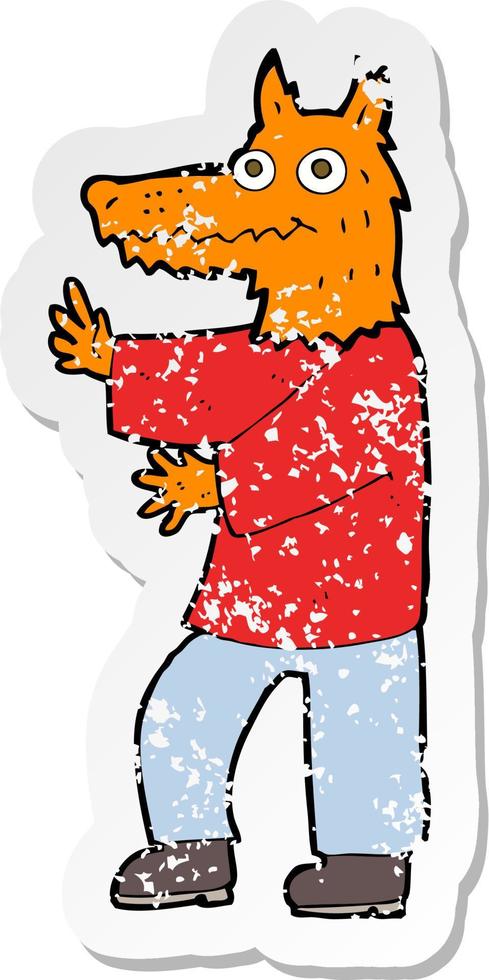 retro distressed sticker of a cartoon funny fox man vector