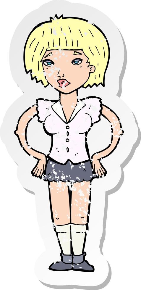 retro distressed sticker of a cartoon woman with hands on hips vector
