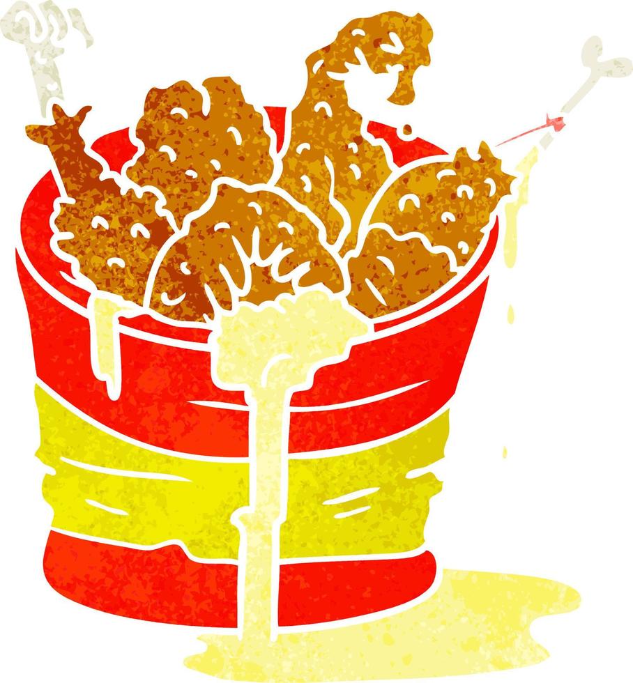 retro cartoon doodle bucket of fried chicken vector