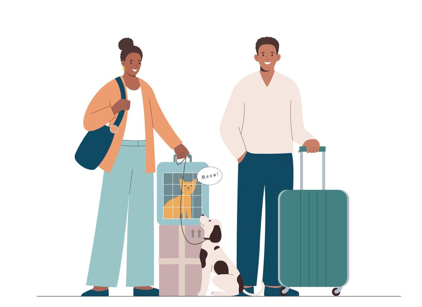 una pareja casada afroamericana se va de viaje con mascotas. el concepto de viajar con mascotas gato y perro vector