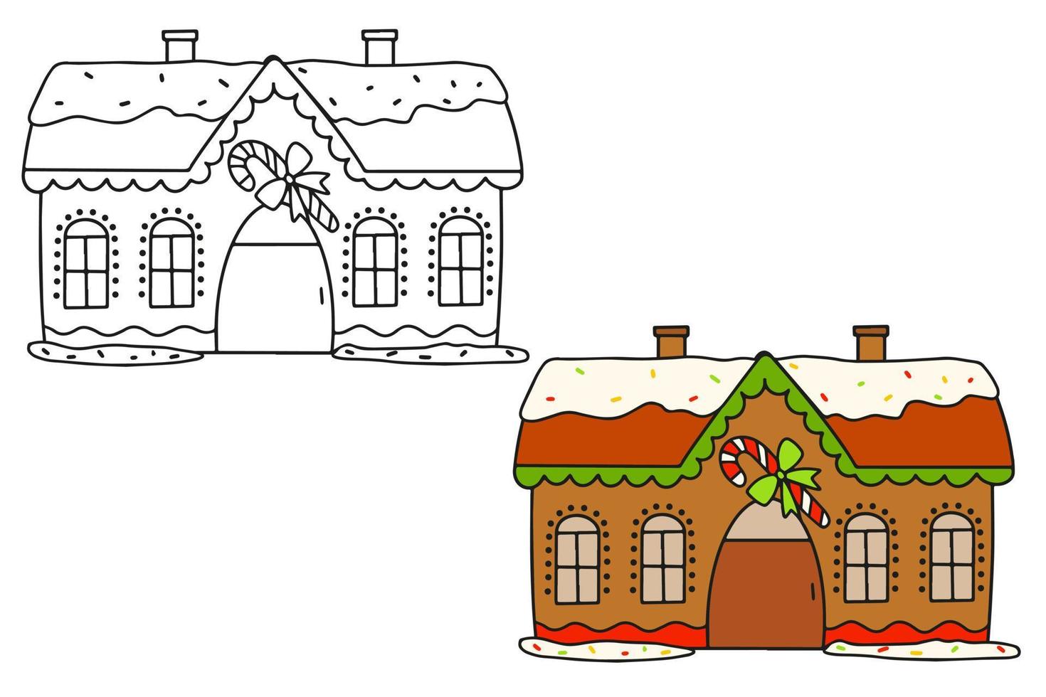gran casa de pan de jengibre de navidad. ilustración de contorno en blanco y negro y en color sobre un fondo blanco vector
