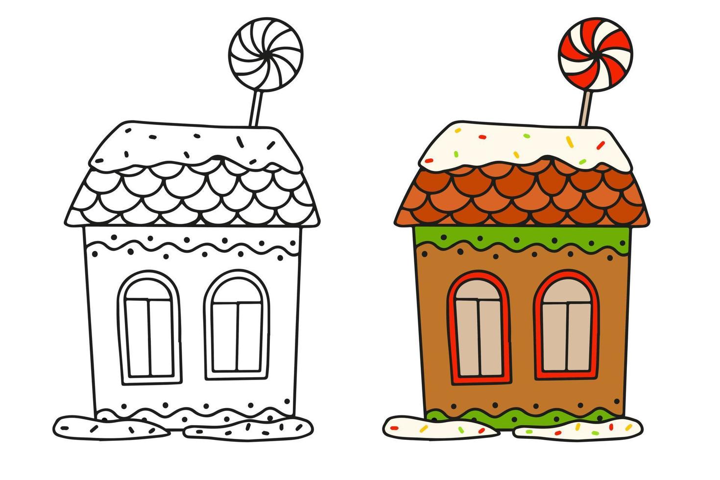 Christmas gingerbread house and round caramel. Black-and-white and color outline illustration on a white background vector
