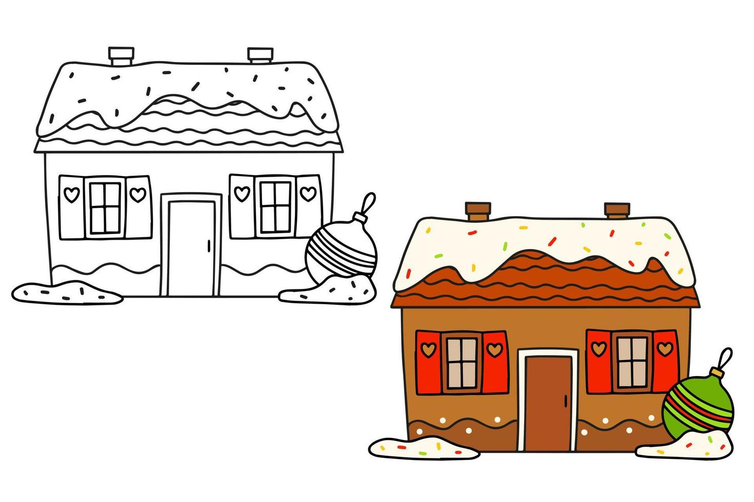 Christmas gingerbread house and a glass ball. Black-and-white and color outline illustration on a white background vector