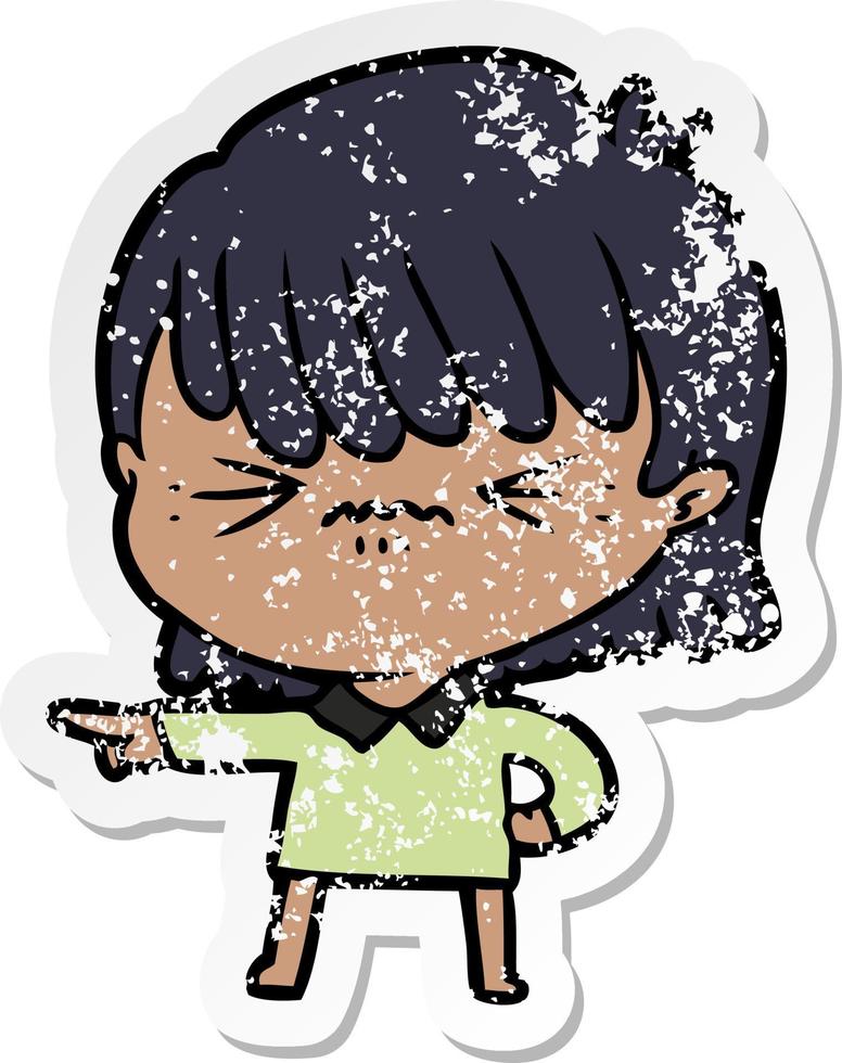 distressed sticker of a annoyed cartoon girl making accusation vector