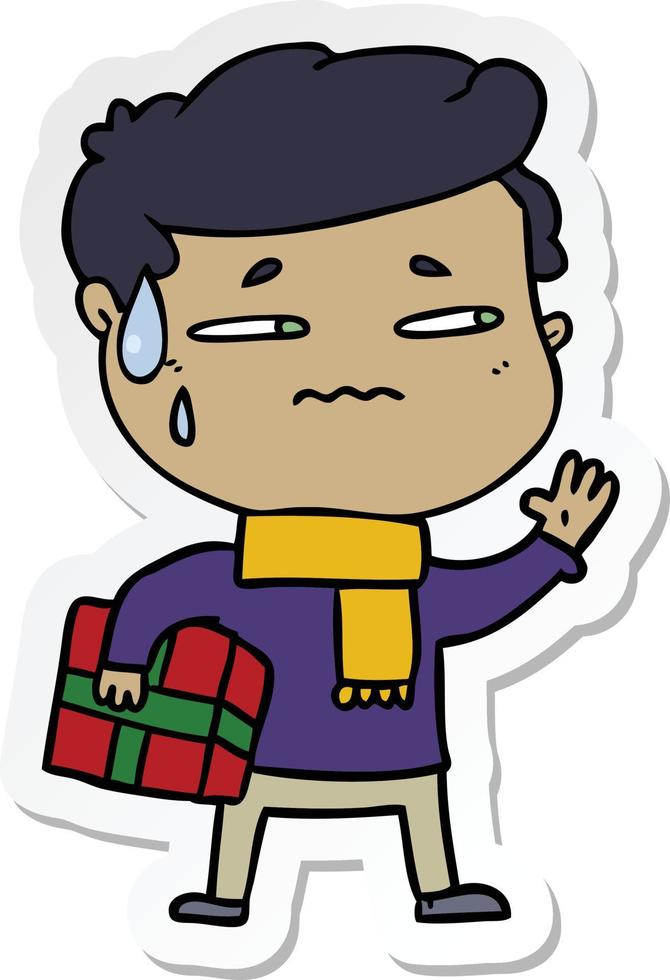 sticker of a cartoon anxious man with christmas gift vector