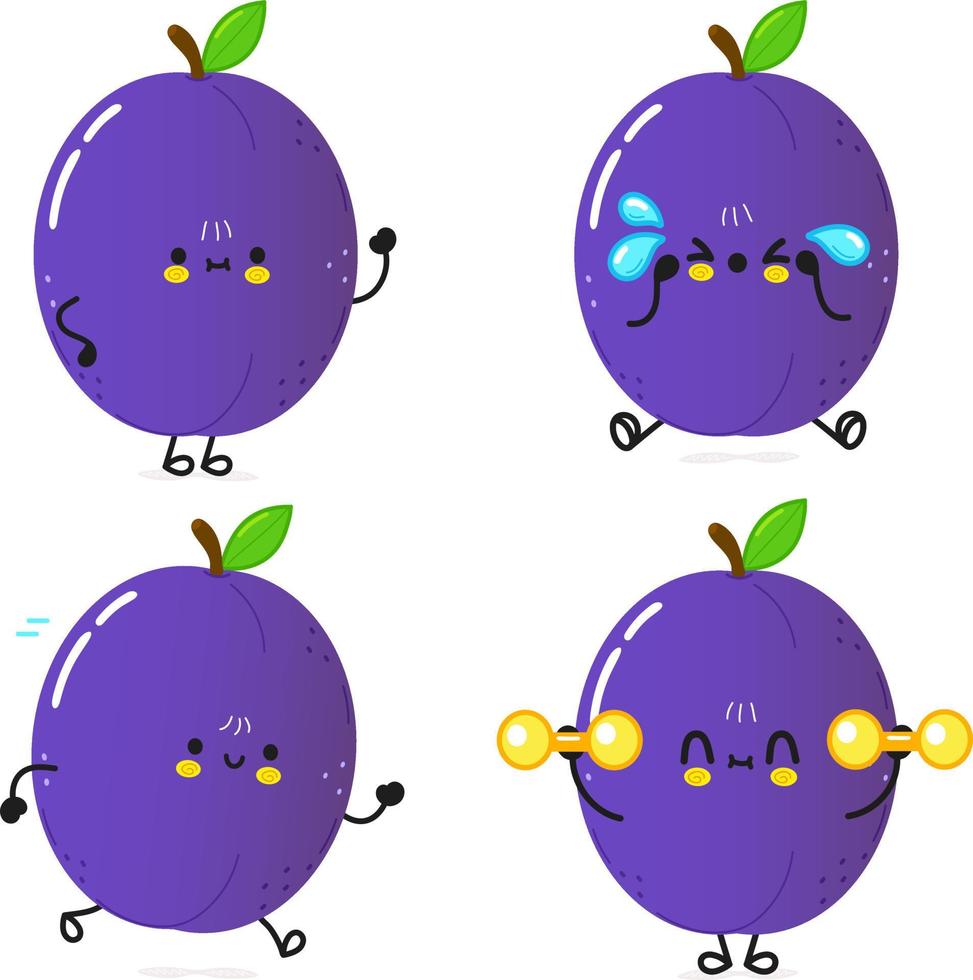 Funny cute happy plum characters bundle set. Vector hand drawn doodle style cartoon character illustration icon design. Cute plum mascot character collection