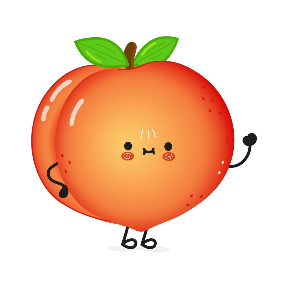 Cute funny peach waving hand character. Vector hand drawn cartoon kawaii character illustration icon. Isolated on white background. Peach character concept