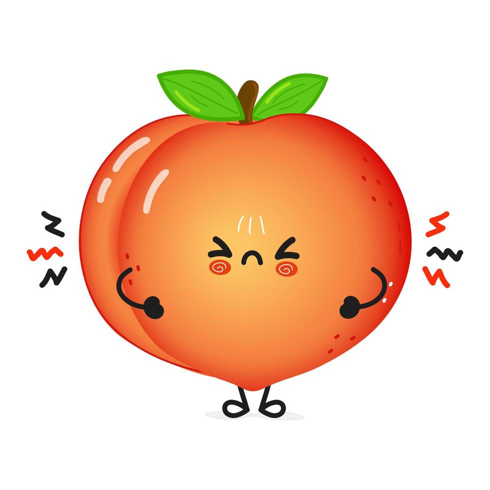 Cute angry peach character. Vector hand drawn cartoon kawaii character illustration icon. Isolated on white background. Sad peach character concept