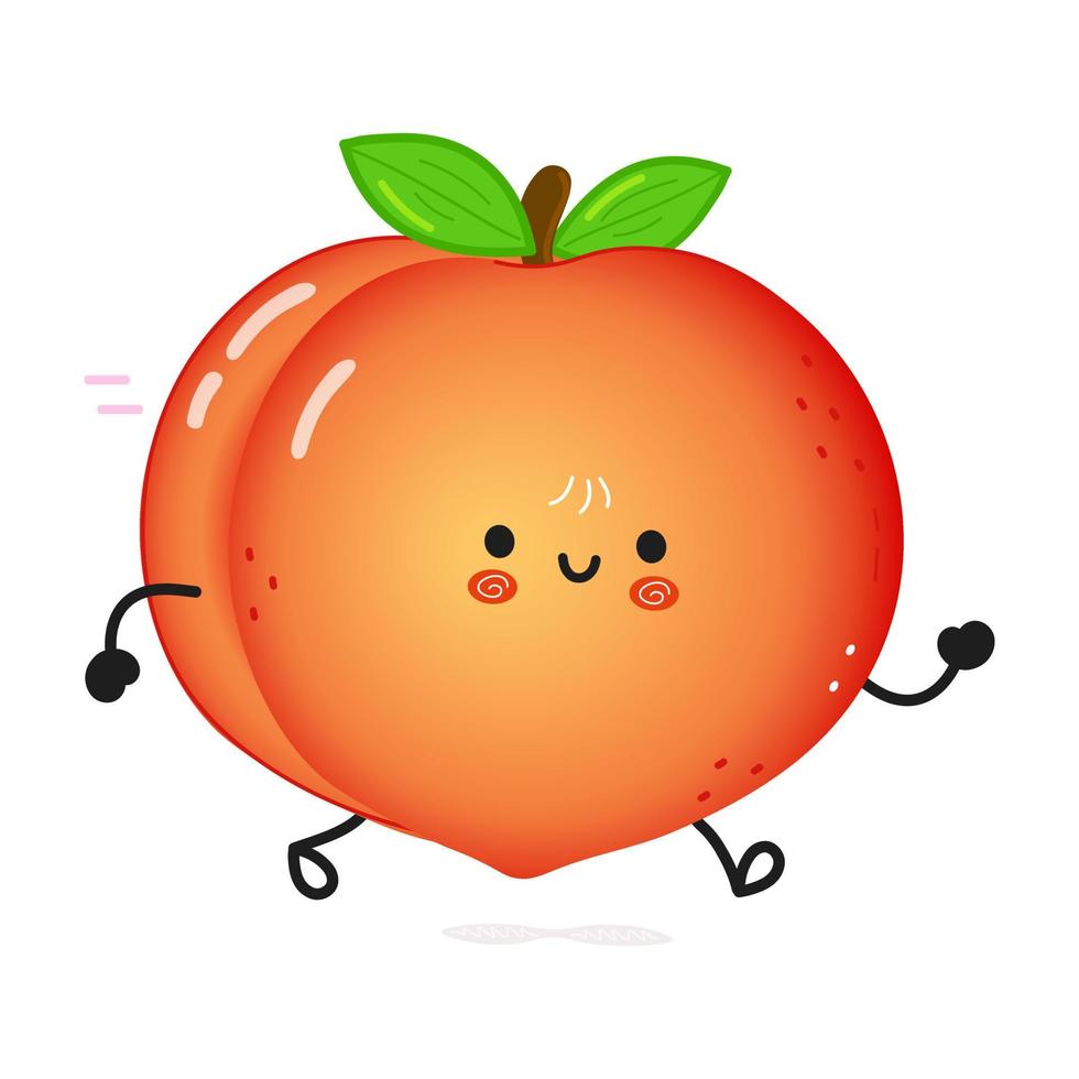 Cute funny running peach. Vector hand drawn cartoon kawaii character illustration icon. Isolated on white background. Run peach concept