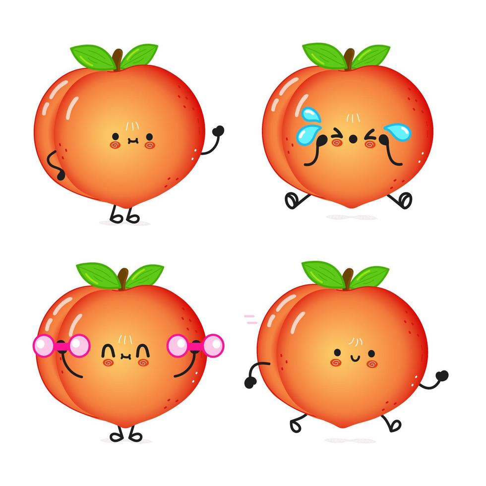 Funny cute happy peach characters bundle set. Vector hand drawn doodle style cartoon character illustration icon design. Cute peach mascot character collection