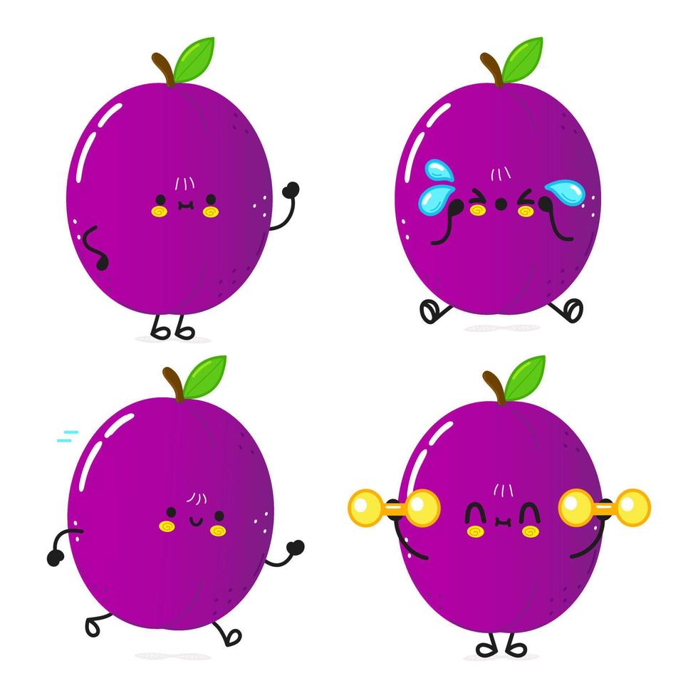 Funny cute happy plum characters bundle set. Vector hand drawn doodle style cartoon character illustration icon design. Cute plum mascot character collection