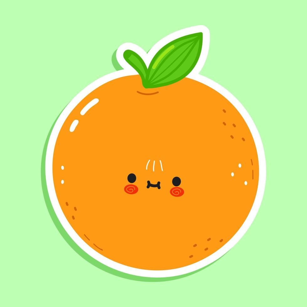 Cute funny orange fruit sticker character. Vector hand drawn cartoon kawaii character illustration. Isolated green background. Orange fruit sticker