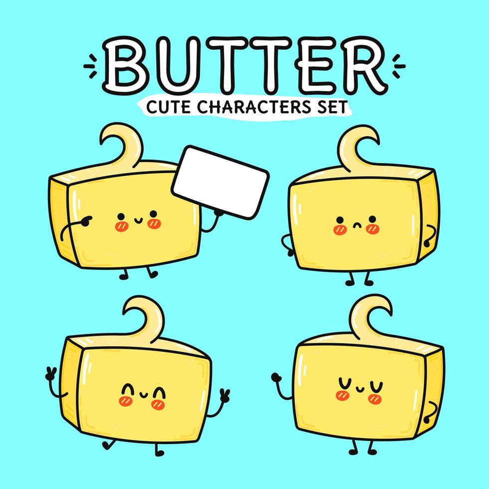 Funny cute happy butter characters bundle set. Vector hand drawn doodle style cartoon character illustration icon design. Isolated on blue background. Cute butter mascot character collection