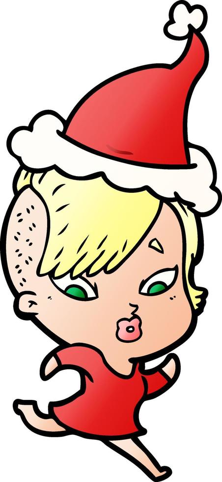 gradient cartoon of a surprised girl wearing santa hat vector
