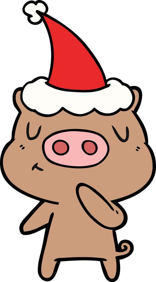 line drawing of a content pig wearing santa hat vector