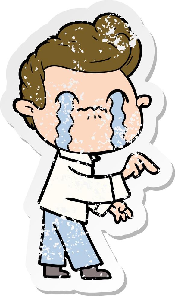 distressed sticker of a cartoon man crying vector