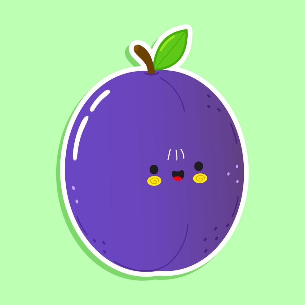 Cute funny plum sticker character. Vector hand drawn cartoon kawaii character illustration icon. Isolated on white background. Plum character concept