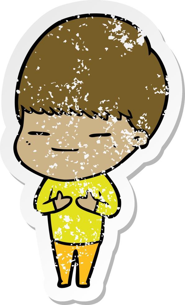 distressed sticker of a cartoon smug boy vector