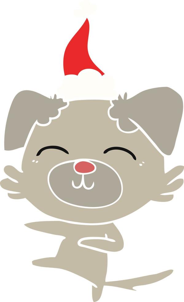 flat color illustration of a dog kicking wearing santa hat vector