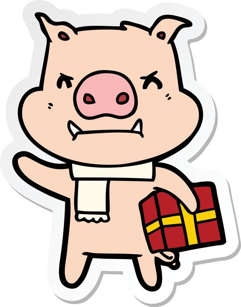 sticker of a angry cartoon pig with christmas gift vector