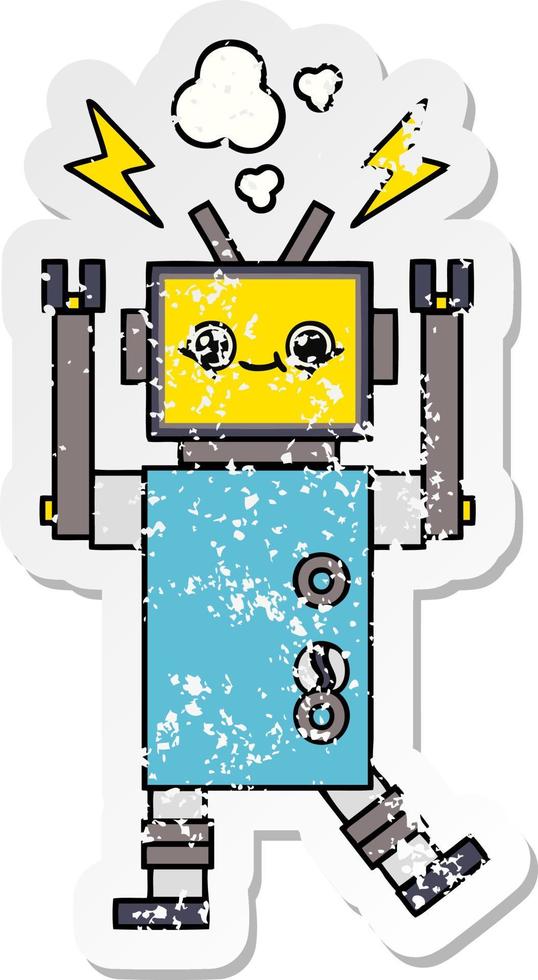 distressed sticker of a cute cartoon malfunctioning robot vector