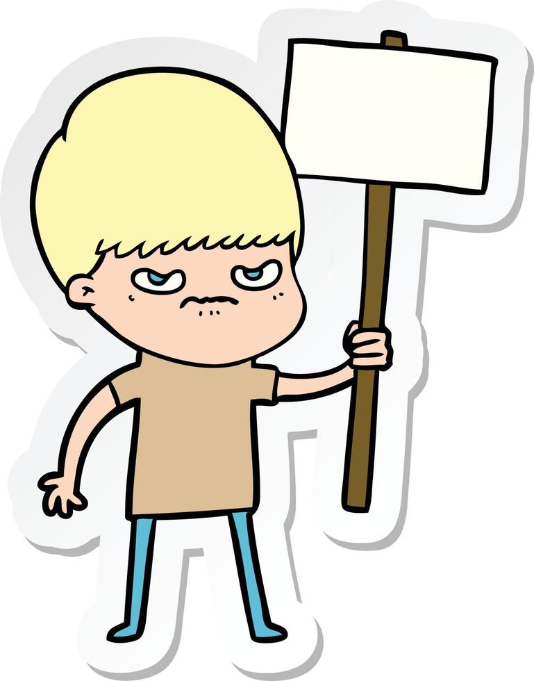 sticker of a angry cartoon boy protesting vector
