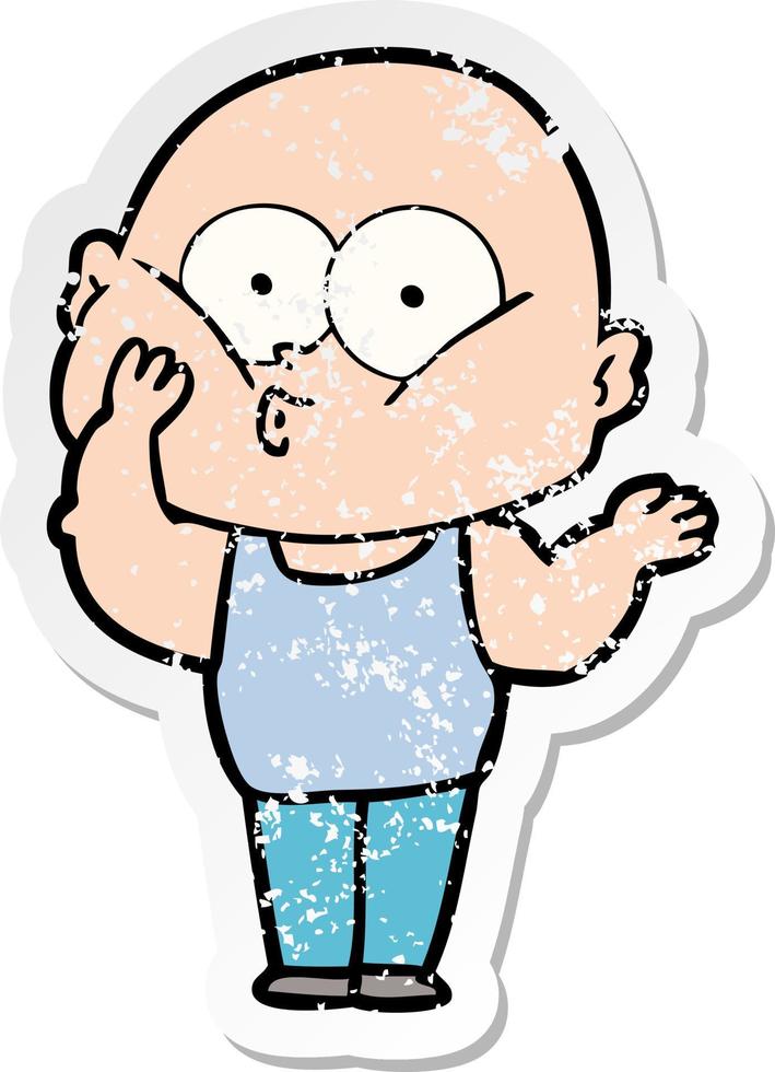 distressed sticker of a cartoon bald man staring vector