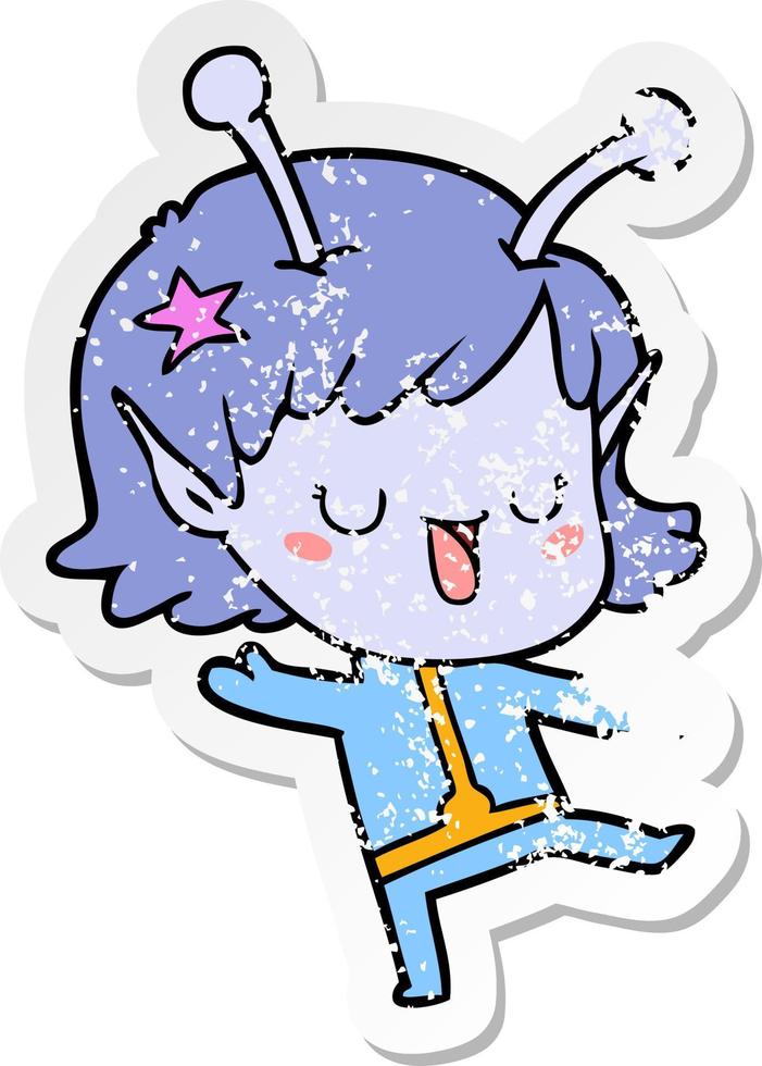 distressed sticker of a happy alien girl cartoon vector