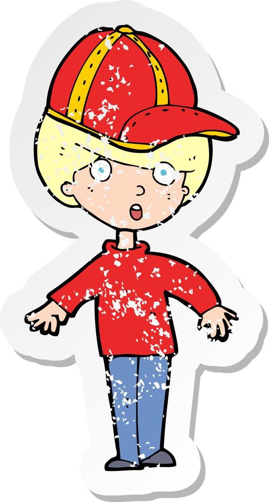 retro distressed sticker of a cartoon boy wearing cap vector