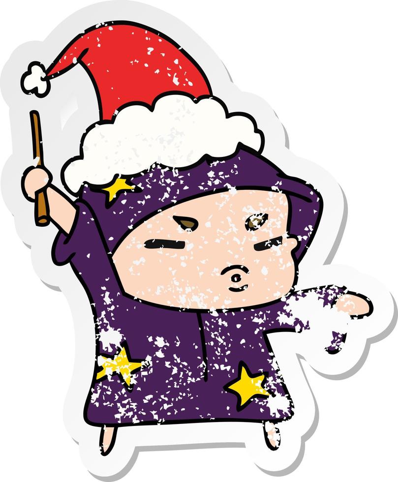 christmas distressed sticker cartoon of kawaii wizard vector