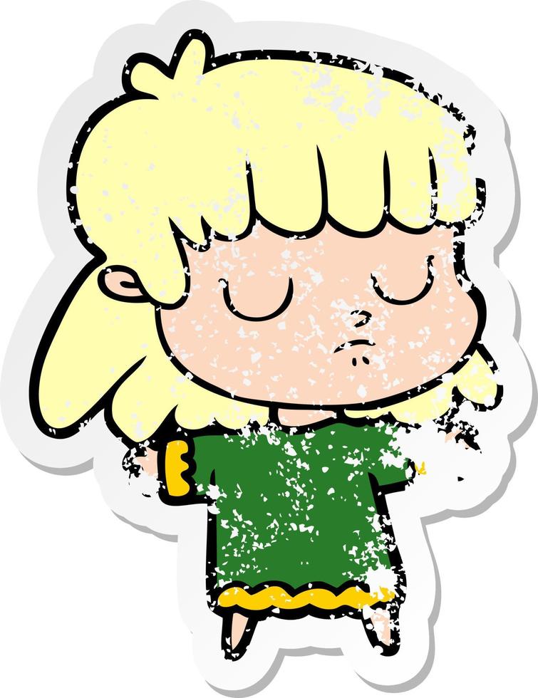 distressed sticker of a cartoon indifferent woman vector