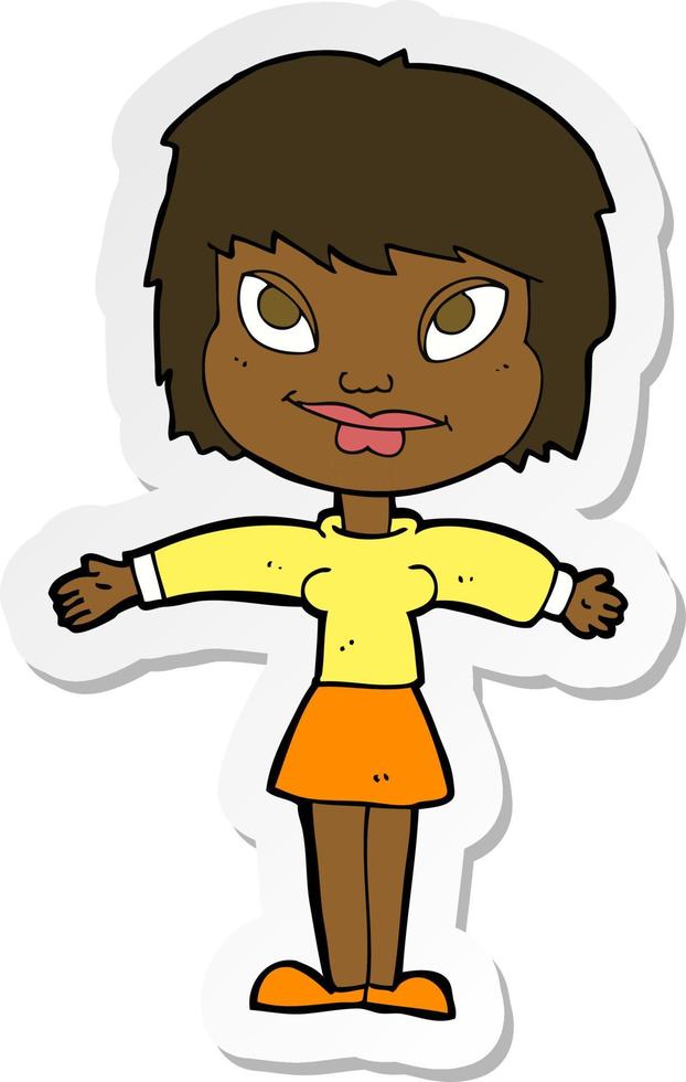 sticker of a cartoon woman with open amrs vector