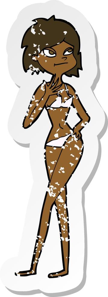 pegatina retro angustiada de una mujer de dibujos animados en bikini vector