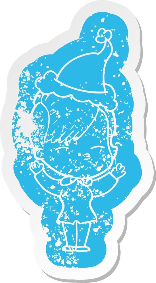 cartoon distressed sticker of a squinting girl wearing santa hat vector