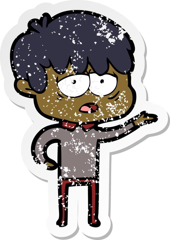 distressed sticker of a cartoon exhausted boy vector