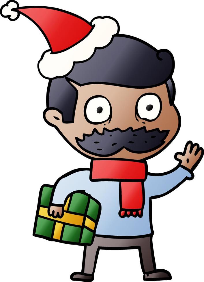 gradient cartoon of a man with mustache and christmas present wearing santa hat vector