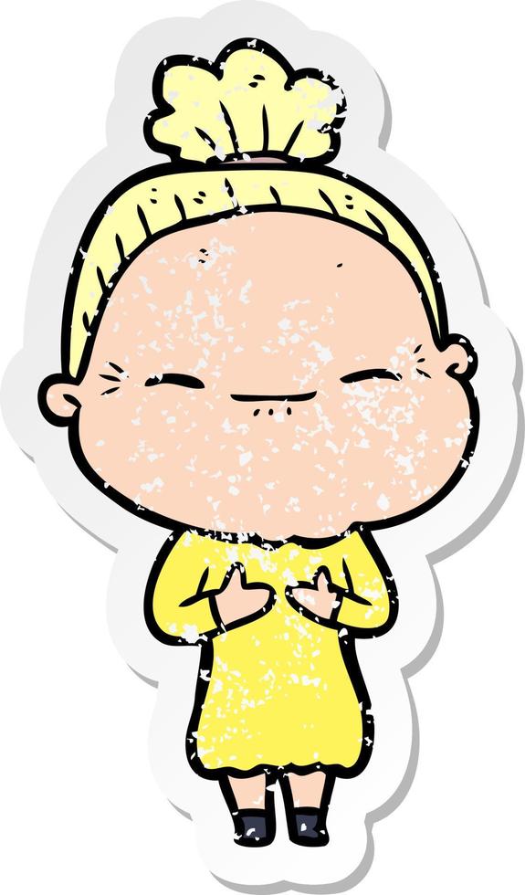 distressed sticker of a cartoon peaceful old woman vector