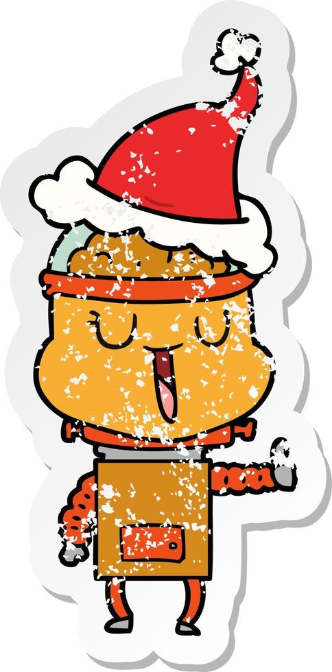 happy distressed sticker cartoon of a robot wearing santa hat vector