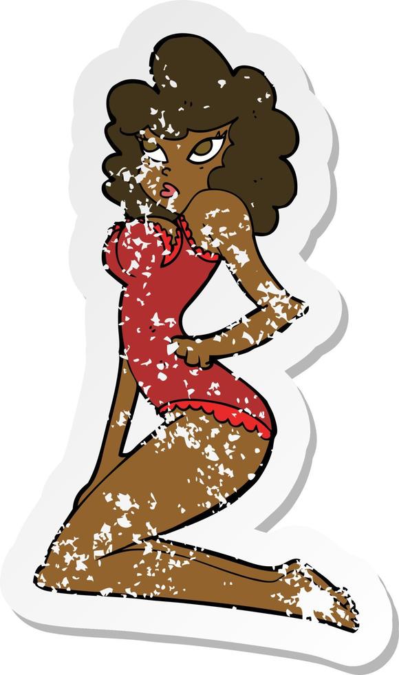 retro distressed sticker of a cartoon pin-up woman vector