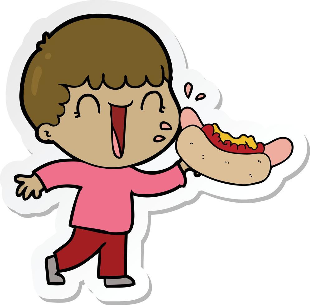 sticker of a laughing cartoon man eating hot dog vector