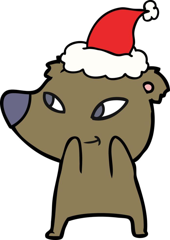 lindo dibujo lineal de un oso con sombrero de santa vector