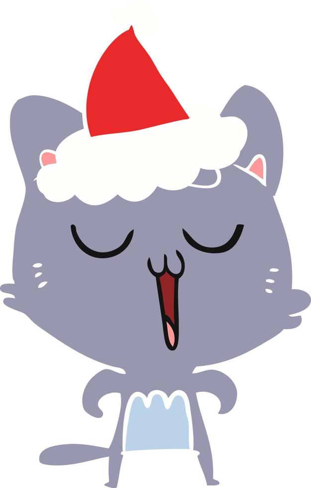 flat color illustration of a cat singing wearing santa hat vector