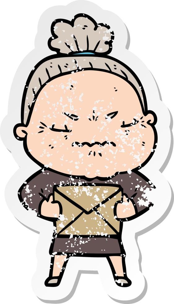 distressed sticker of a cartoon annoyed old lady vector