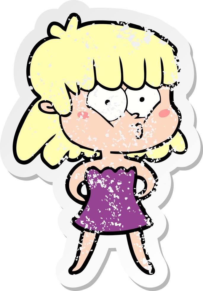 distressed sticker of a cartoon whistling girl vector