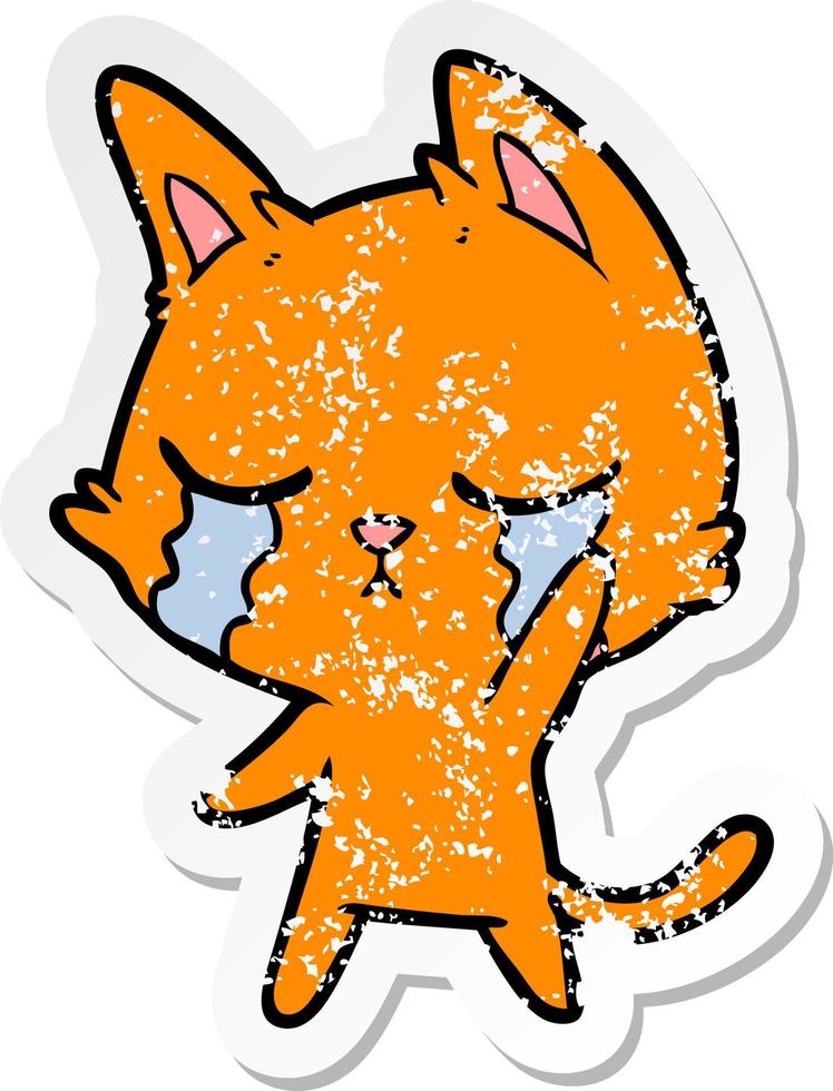 distressed sticker of a crying cartoon cat vector