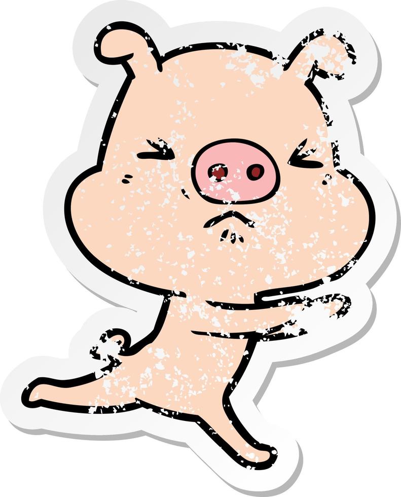 distressed sticker of a cartoon annoyed pig running vector