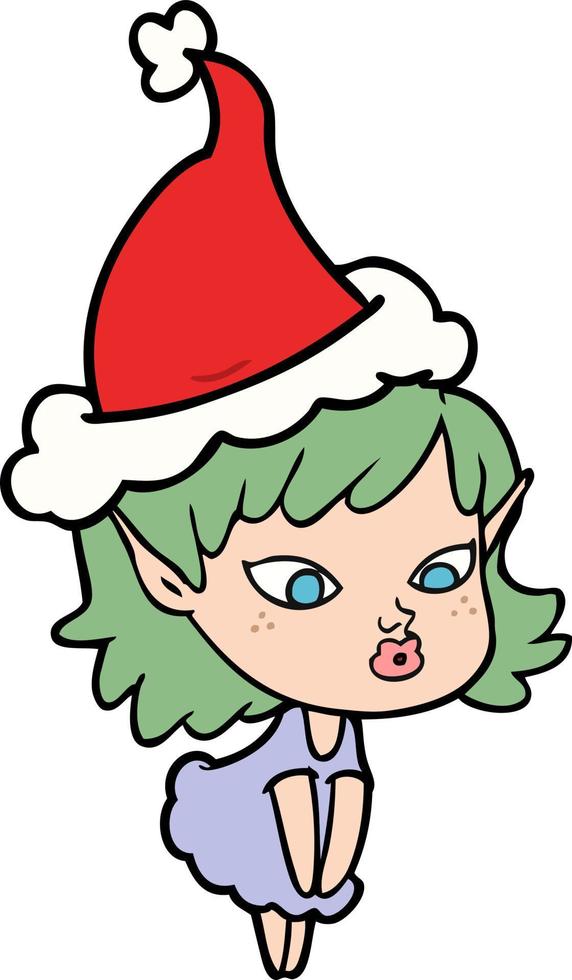 bonito dibujo lineal de una niña elfa con gorro de Papá Noel vector