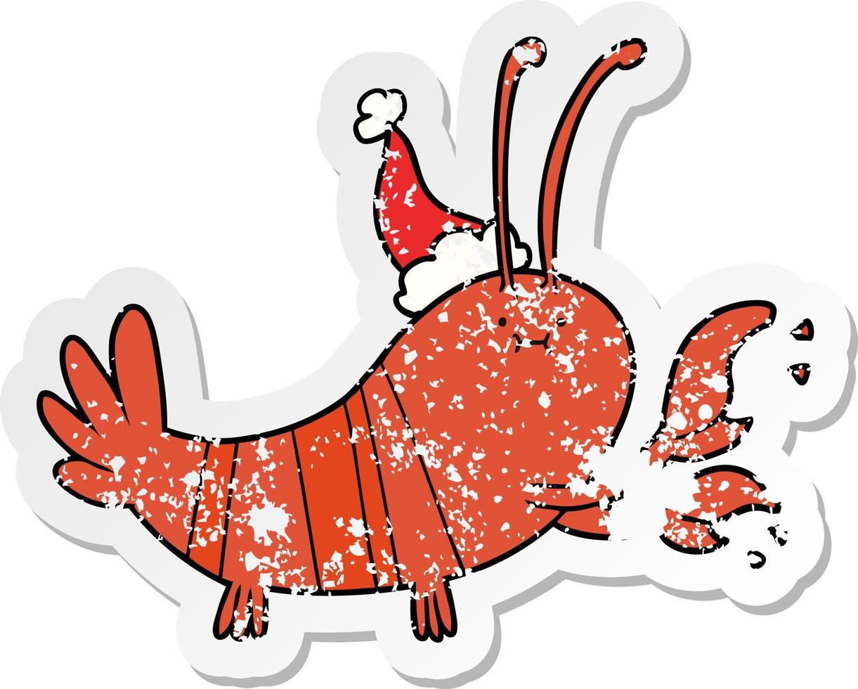 distressed sticker cartoon of a lobster wearing santa hat vector