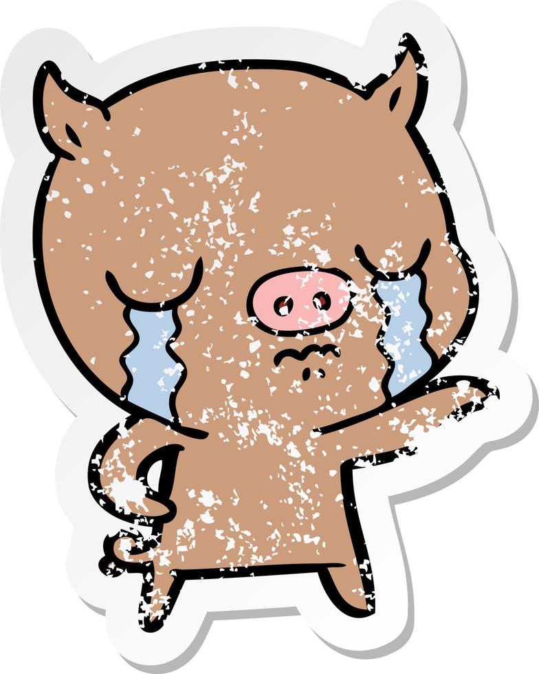 distressed sticker of a cartoon pig crying pointing vector