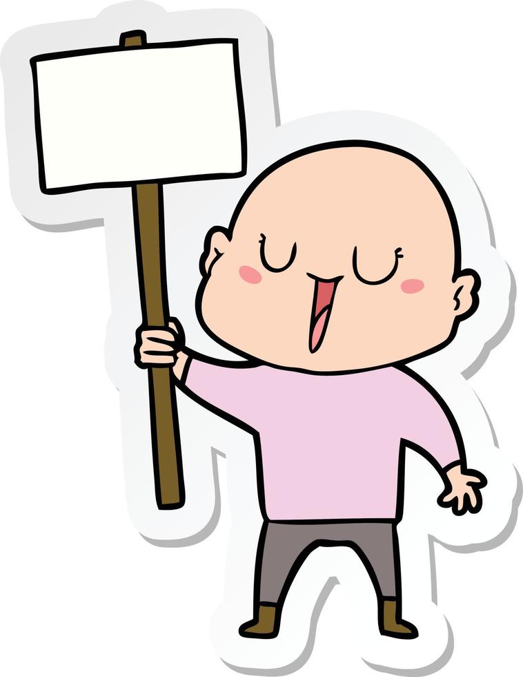 sticker of a happy cartoon bald man with sign vector